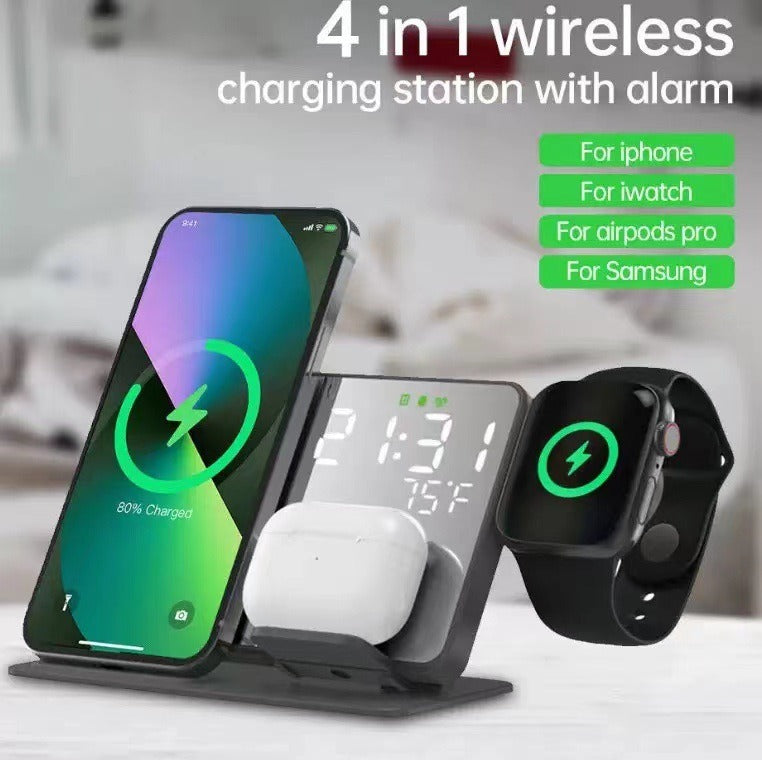 15W 4-in-1 Fast Wireless Charging Station - LED Digital Alarm Clock with Temperature Display