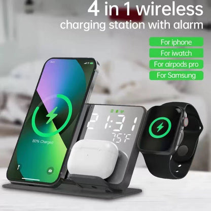 15W 4-in-1 Fast Wireless Charging Station - LED Digital Alarm Clock with Temperature Display
