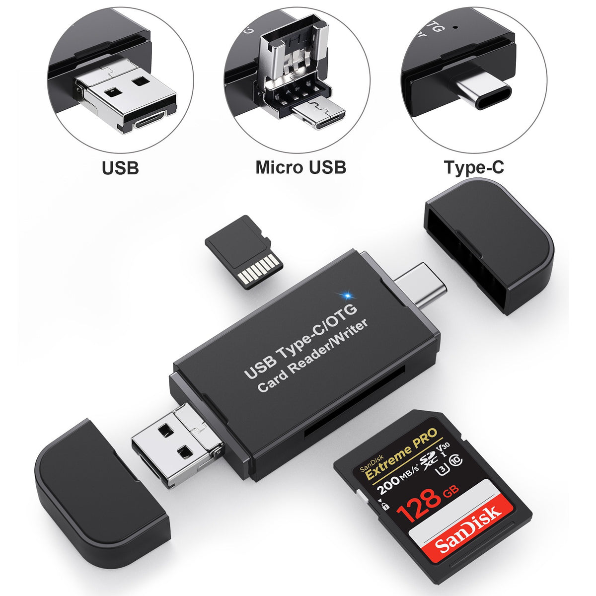 USB 3.0 & Type-C OTG Card Reader - All-in-One Memory Card Adapter for Mobile Phones and Laptops