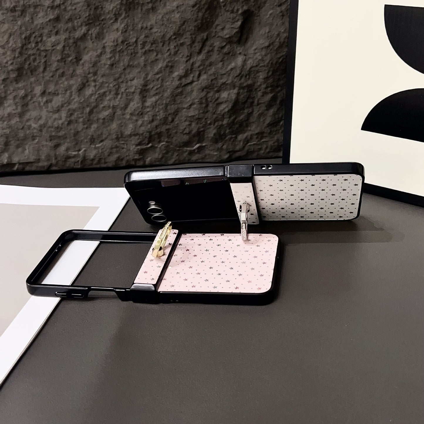 Glitter Star Pattern Leather Case with Metal Ring Holder for Samsung Galaxy Z Flip 6 5 4 - Slim Shockproof Cover