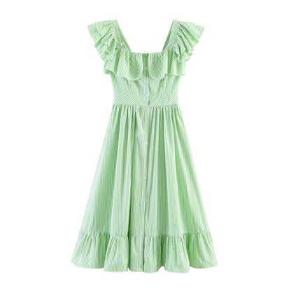 Single Breasted Striped Midi Dress - Ruffle Edge Waist Cinched Dress