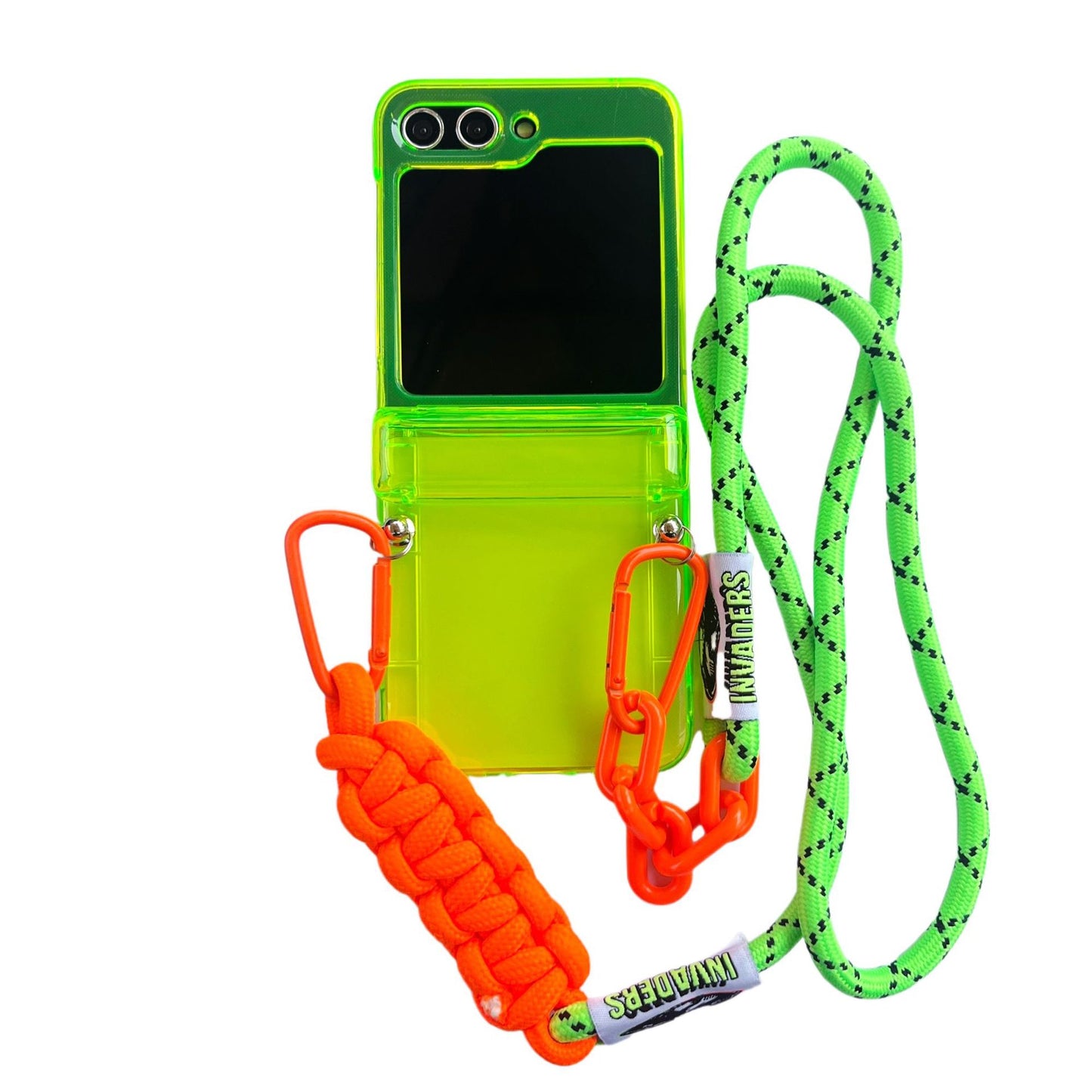 Trendy Crossbody Chain Strap Clear Neon Green Case - Shockproof Cover for Samsung Z Flip 5 Flip 4