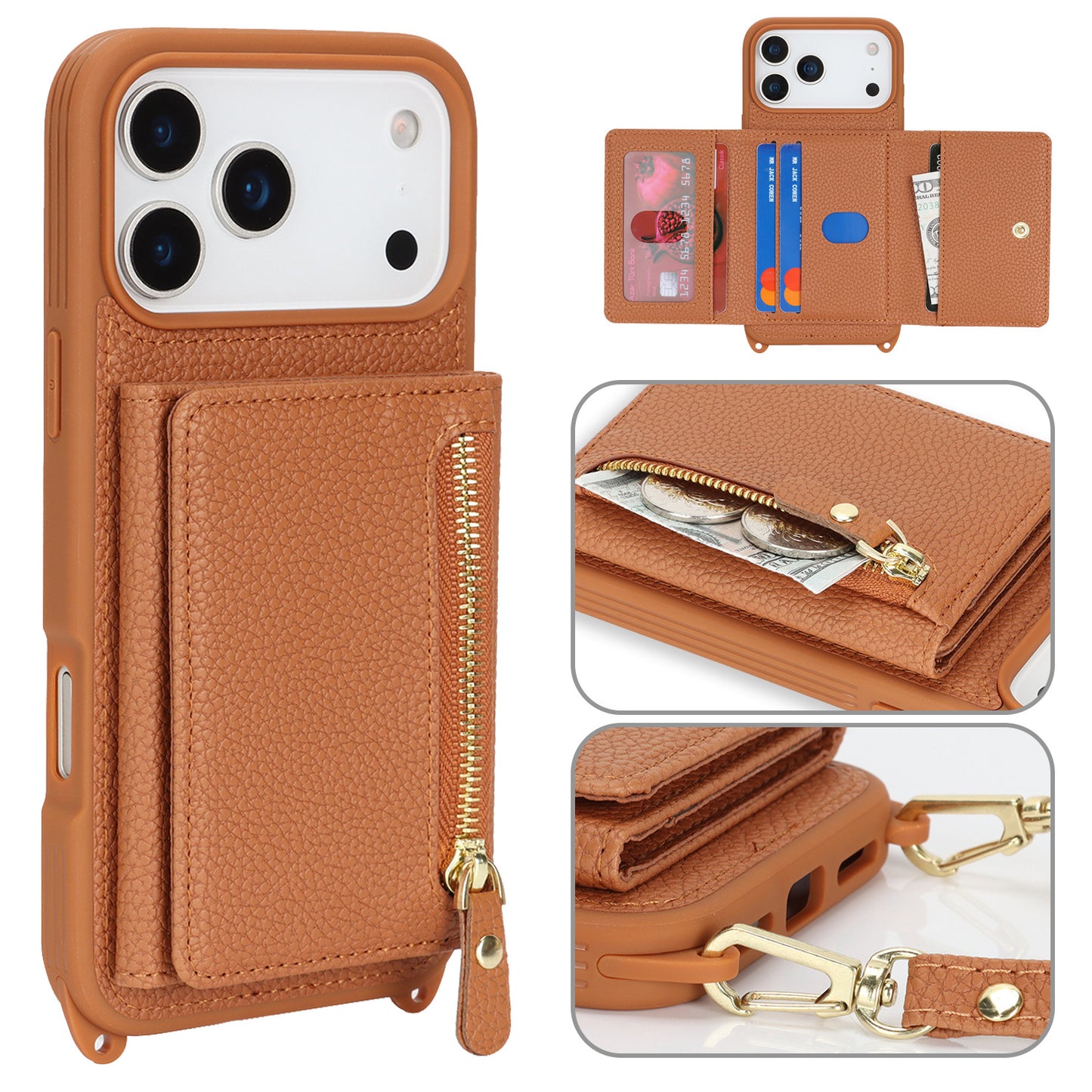 Multifunctional Zipper Coin Purse Phone Case - Crossbody Wallet Case with Card Slots for iPhone