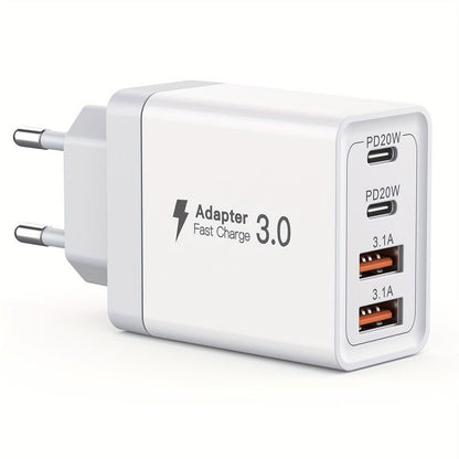 40W 4-Port USB Fast Charger Wall Adapter - Dual PD 20W Type C & Dual USB Quick Charging Plug