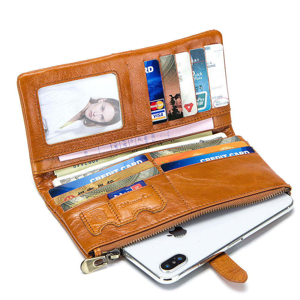 New Fashionable Ladies Real Leather Two-Fold Clutch Long Wallet - Brown