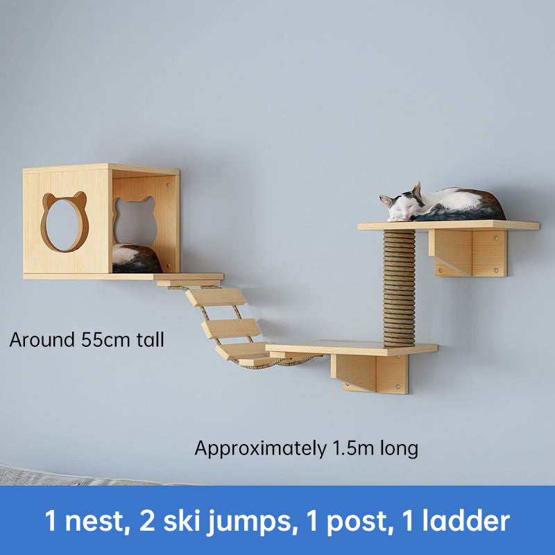 Wall Mounted Cat Climbing Shelf Set - Wooden Cat Condo, Bridges, Platforms & Scratching Post