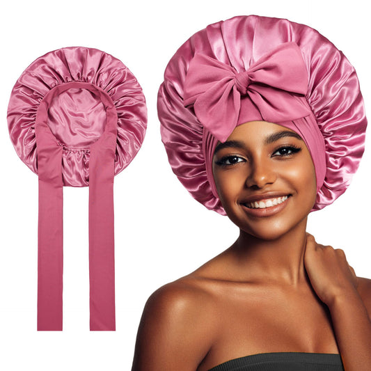 Wide-Brimmed Satin Bonnets with Elastic Ribbon Bow | Solid Color Hairdressing Sleep Cap