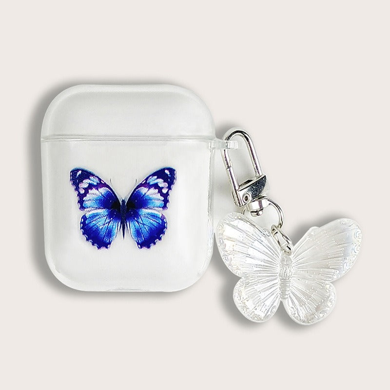 Painted Blue Butterfly Transparent Soft Case with Keychain Pendant for AirPods 1 / 2 / Pro / 3