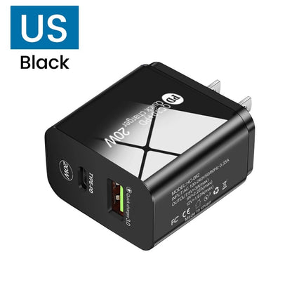 Dual-Port 20W Fast Charging Head - USB and Type-C Wall Charger Adapter