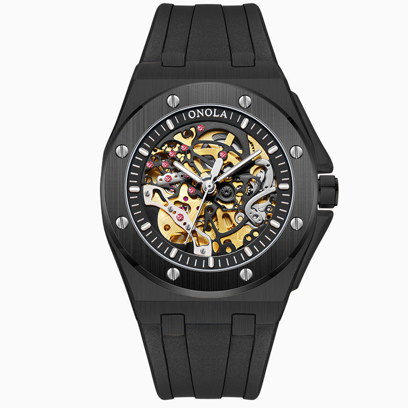 Fashionable Rose Gold Men's Watch - Premium Mechanical Timepiece with Silicone Strap