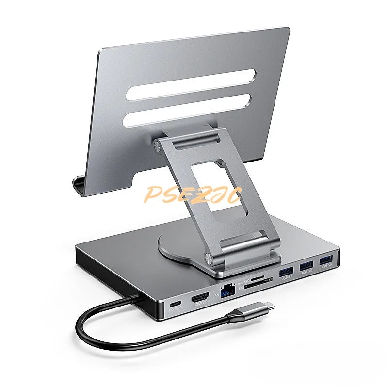 9-in-1 Type-C Docking Station - 4K/60Hz USB 3.0 Hub with Gigabit Ethernet & 360° Rotary iPad Holder Stand