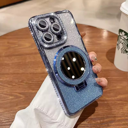 Glitter Makeup Mirror Ring Stand Case for iPhone 16 15 14 Pro Max - Magnetic Bling Diamond Back Cover