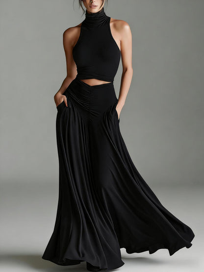Chic Solid Color Two-Piece Dress Set - High Waist Ruched Long Skirt Outfit