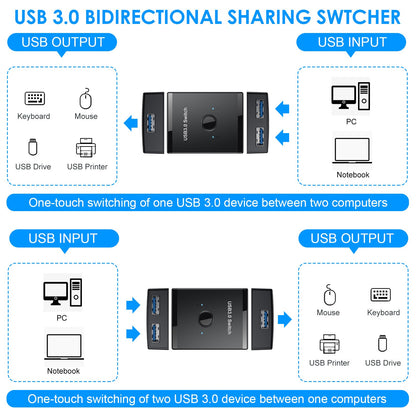 USB 3.0 Sharing Switch Box - 2-in-1-Out / 1-in-2-Out Peripheral and Printer Sharer