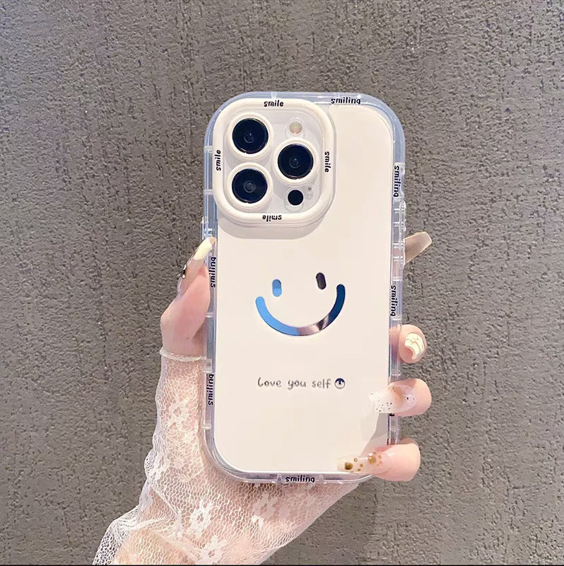 Cute Painted Smiling Face Mirror Phone Case - Cream Glossy Protective Cover for iPhone