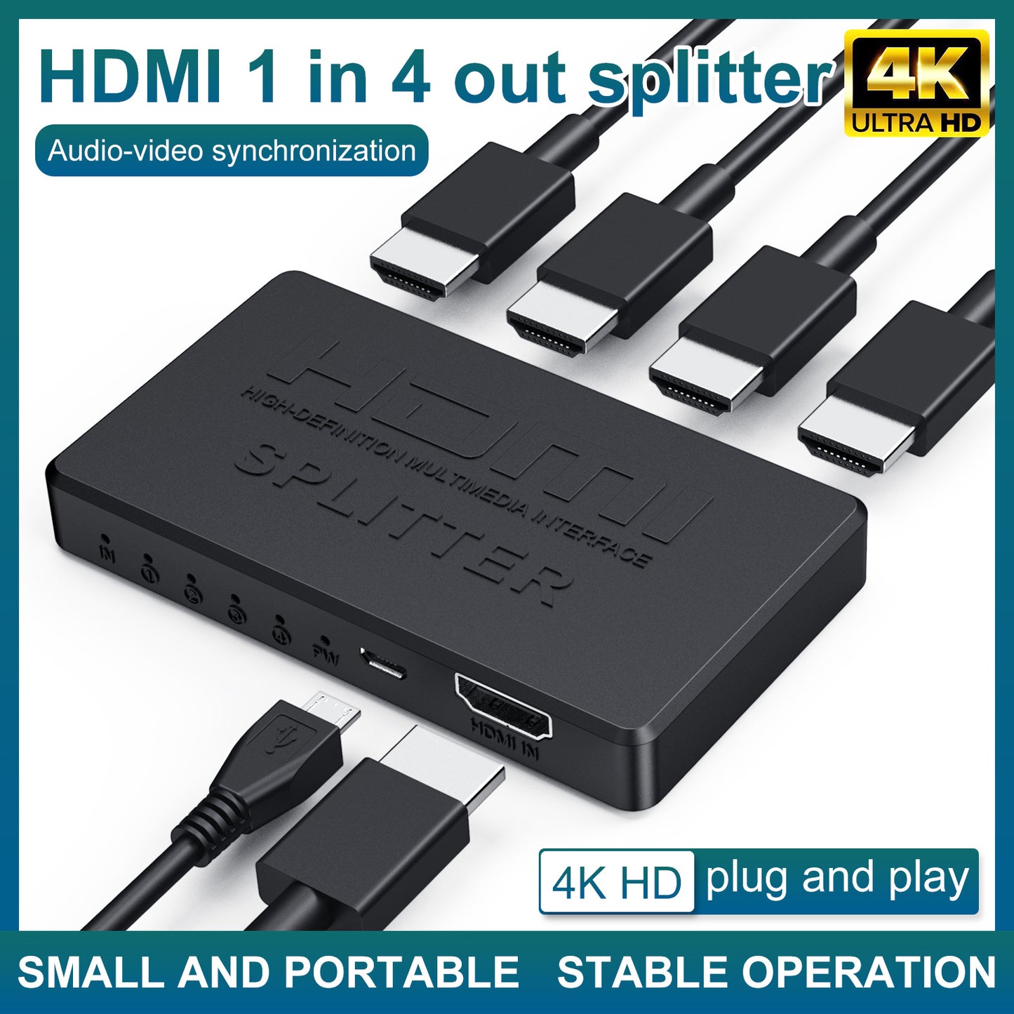 1x4 HDMI Splitter 4K - Mini 1-in 4-Out HD Video Splitter Box for Multiple Screens & Displays