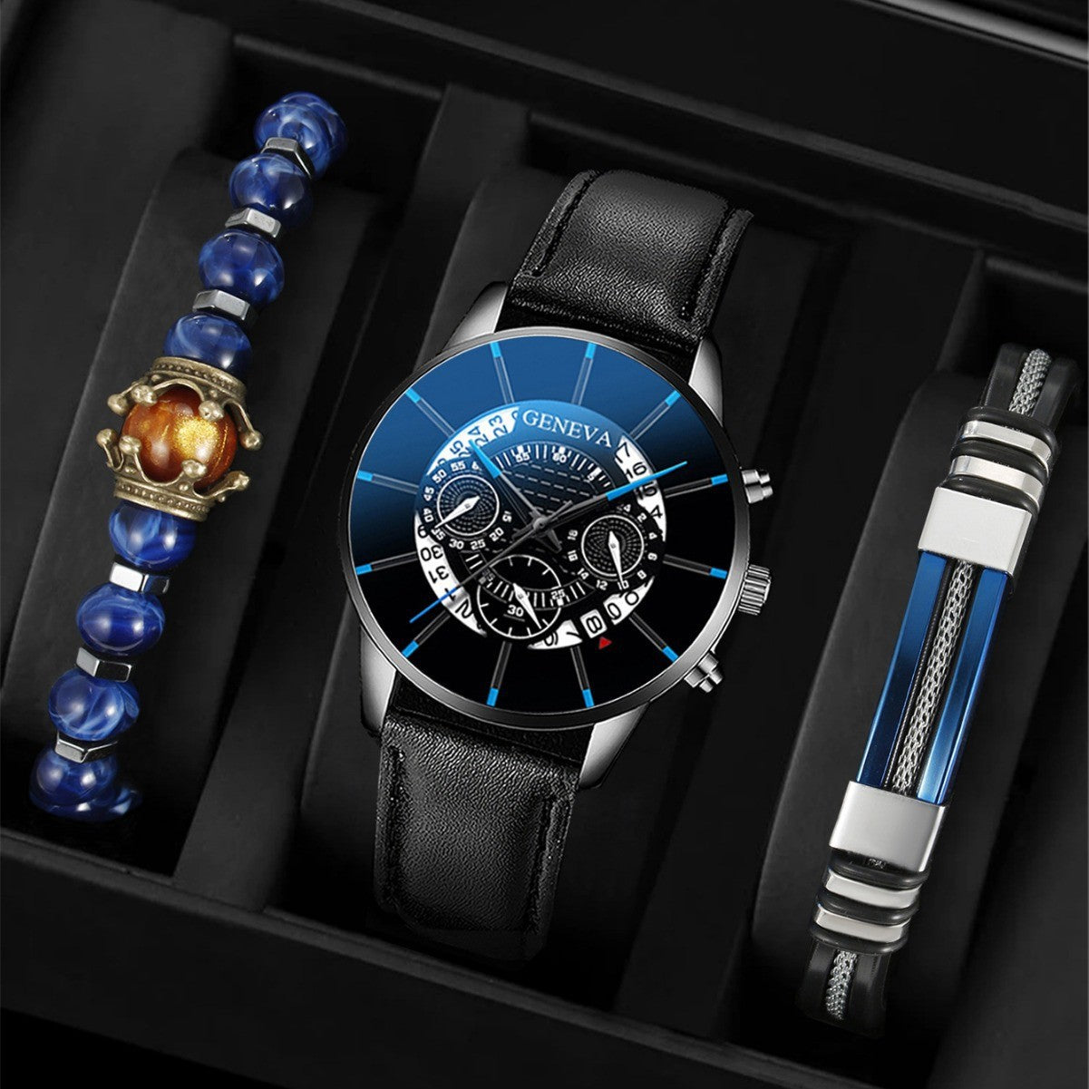 Men's Blue Quartz Watch and Bracelet Gift Set - Casual Business Leather Strap Wristwatch