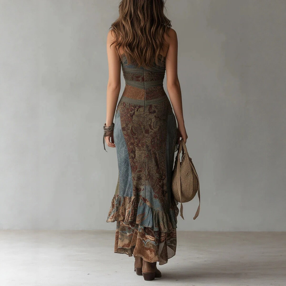 Women's Retro Patchwork Printed Asymmetric Dress - Slim Fit High Slit Maxi Dress