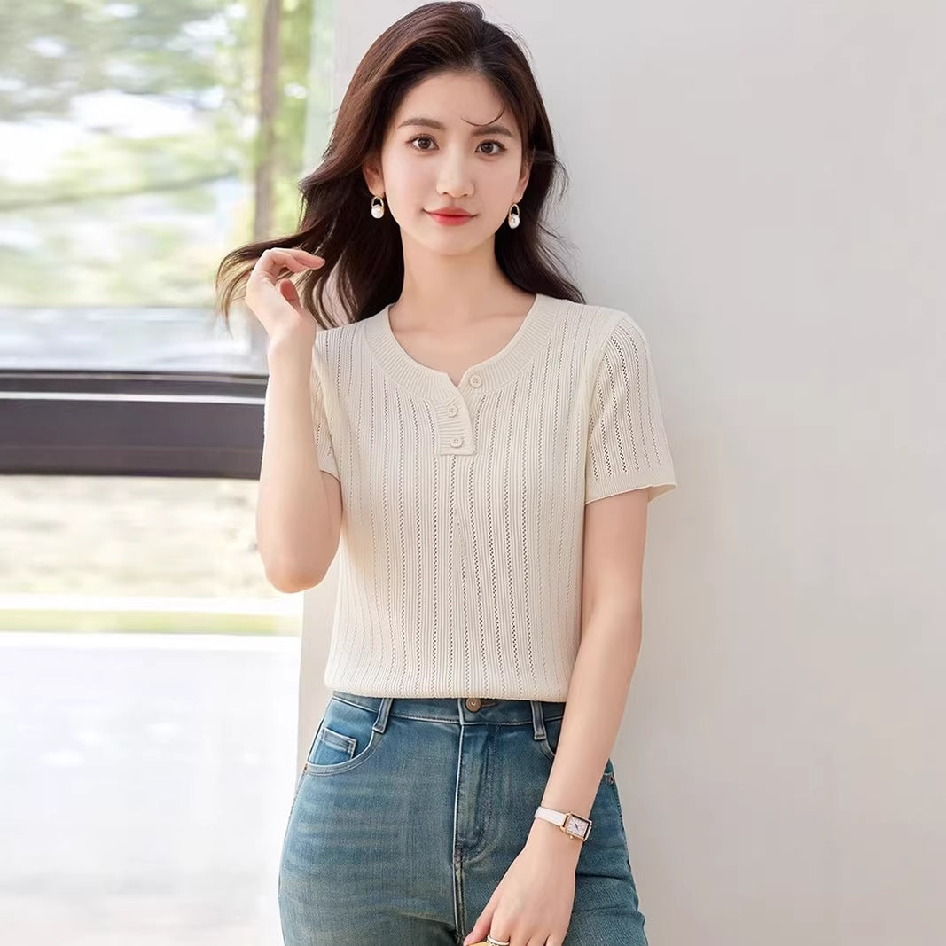 Women's Ice Silk Knit T-Shirt - Regular Shoulder Elegant Summer Top
