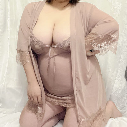 Women's Sexy Lace Trim Camisole Nightgown & Robe Pajama Set