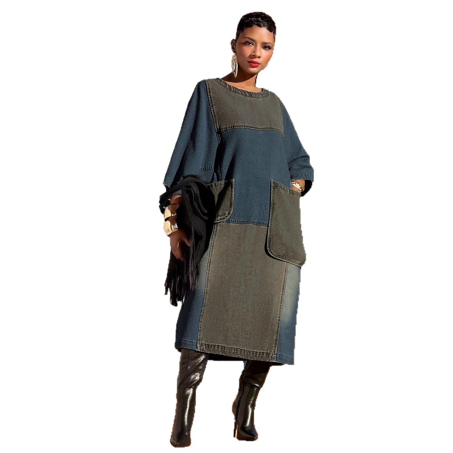 Women's Loose Denim Dress with Pockets and Asymmetrical Hem