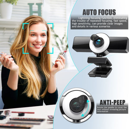 4K Autofocus USB Streaming Webcam - HD Computer Camera with Ring Fill Light & Built-in Microphon