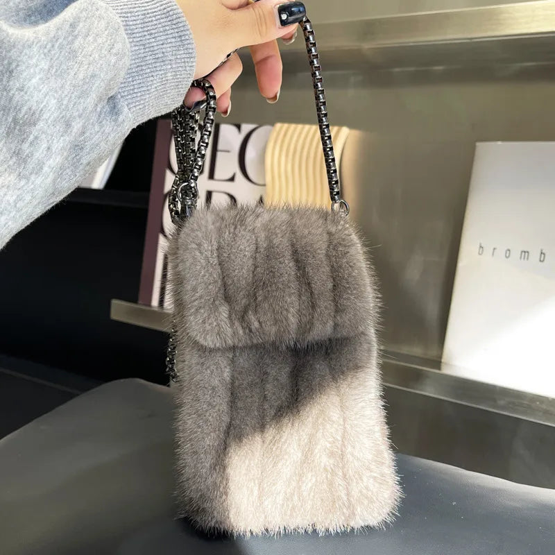 Luxury Real Mink Fur Crossbody Phone Bag for Women - Plush Winter Shoulder Messenger Pouch