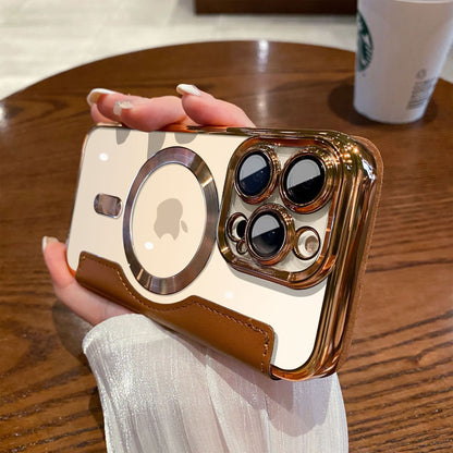 Electroplated Magnetic Leather Wallet Flip Case with Card Holder for iPhone 16 15 14 Pro Max - Clear Back Cover