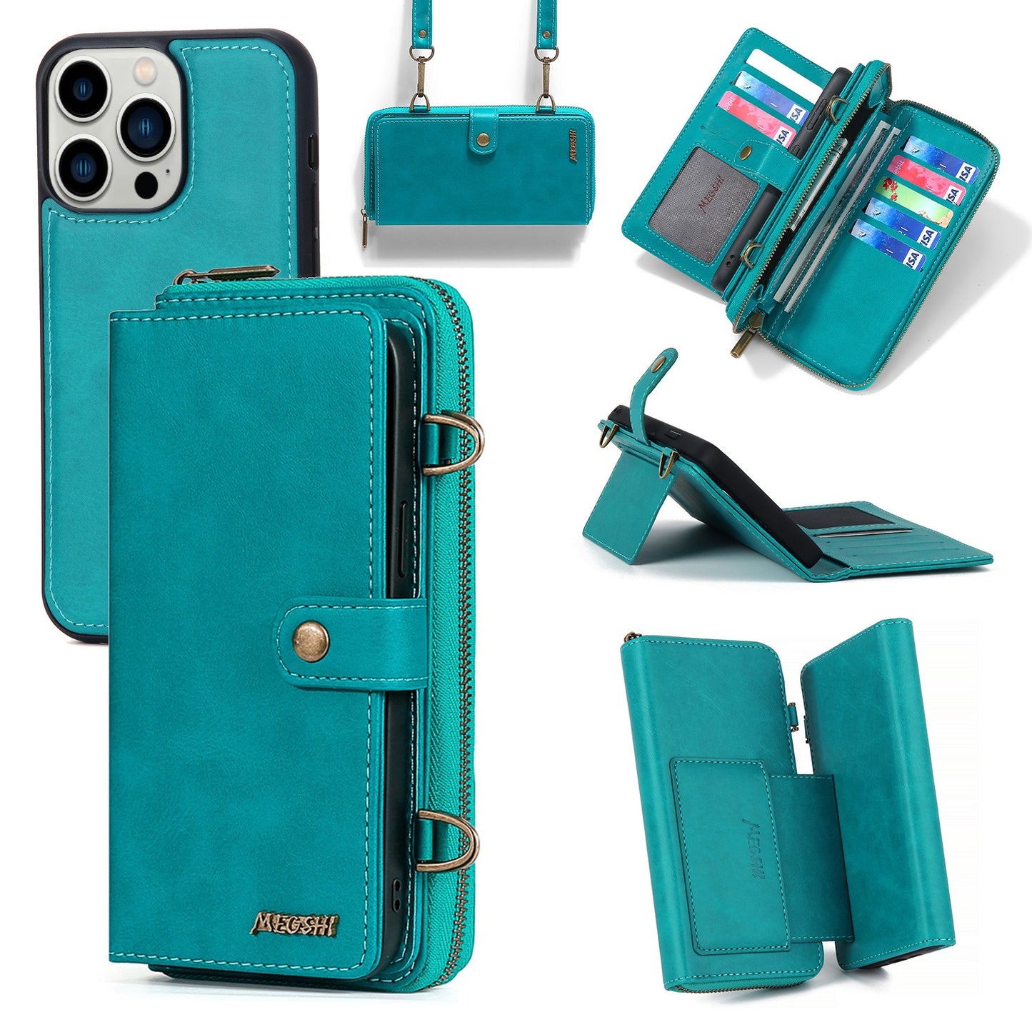 Multi-Function Crossbody Zipper Wallet Case for iPhone 15 Pro Max - Magnetic Detachable Leather Cover with Strap