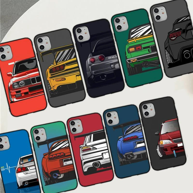 JDM Anime Sports Car Phone Case - Illustrated Racing Car Cover for iPhone 15 Series