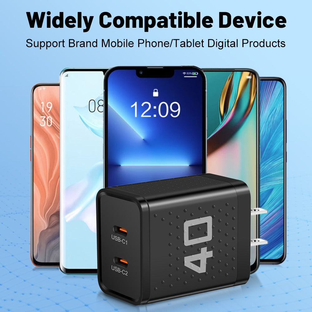 Dual Port Type-C Fast Charging Adapter - 40W Portable Travel Wall Charger