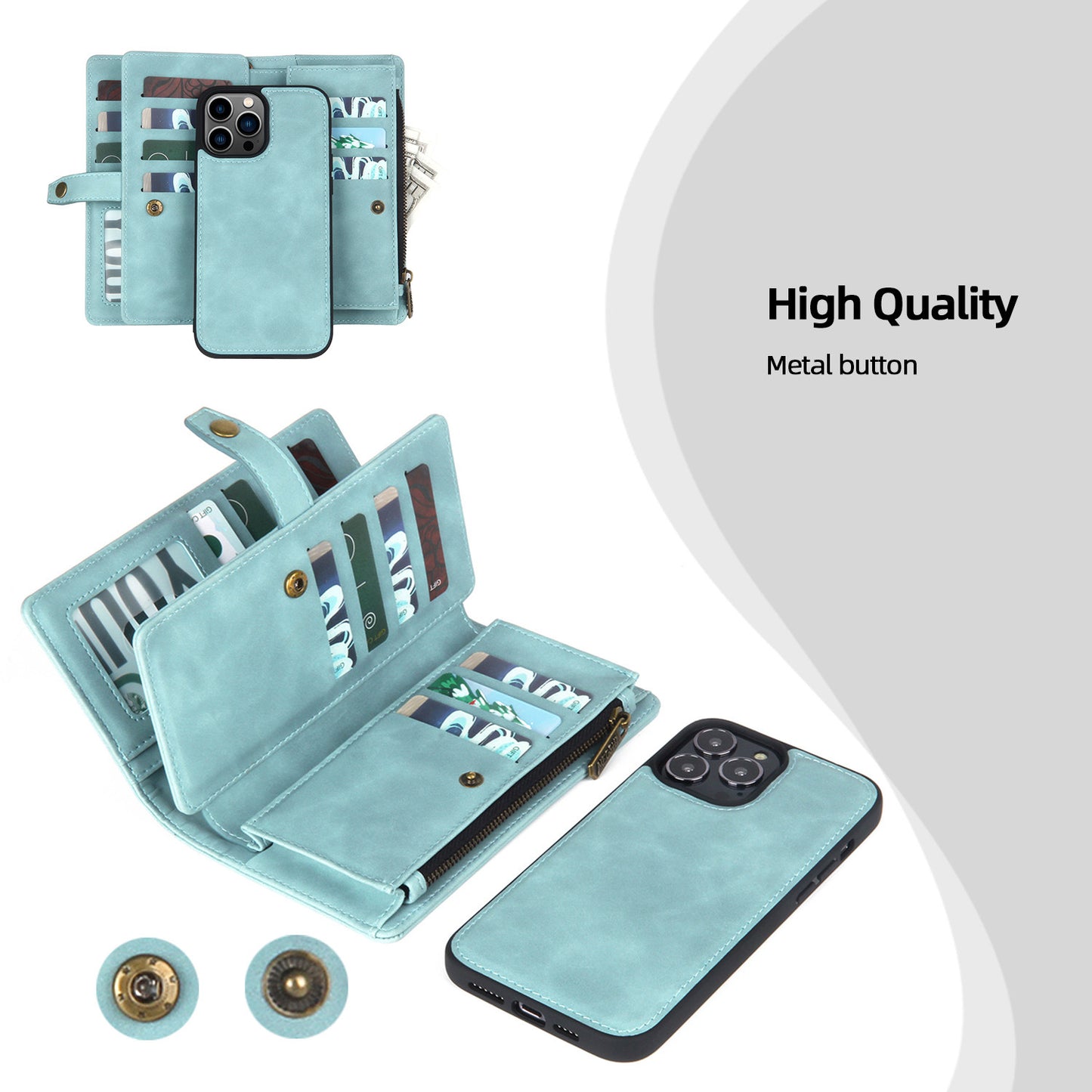 Multi-Card Slot Leather Flip Wallet Case for iPhone 15 14 13 12 Pro Max - Zipper Pocket Cover with Wristlet