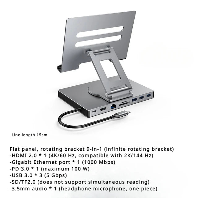 9-in-1 Type-C Docking Station - 4K/60Hz USB 3.0 Hub with Gigabit Ethernet & 360° Rotary iPad Holder Stand
