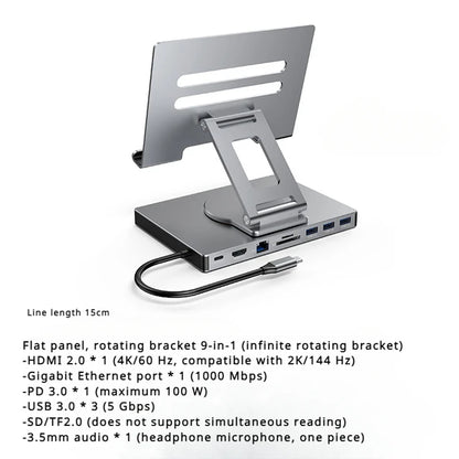 9-in-1 Type-C Docking Station - 4K/60Hz USB 3.0 Hub with Gigabit Ethernet & 360° Rotary iPad Holder Stand