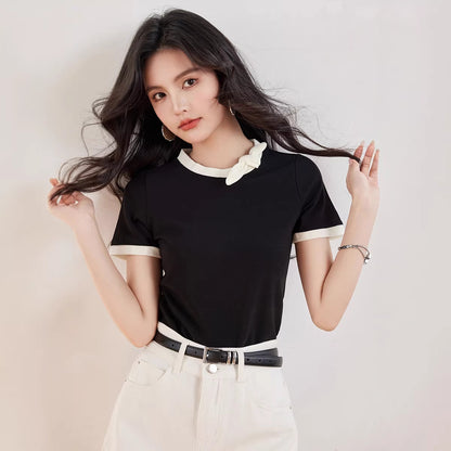 Chic Black Cotton T-Shirt for Women - Short Sleeve Summer Top with Bow Detail