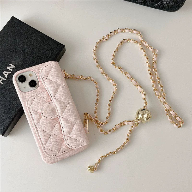 Luxury Quilted Leather Wallet Phone Case with Crossbody Chain & Card Holder for iPhone 16 15 14 13 Pro Max