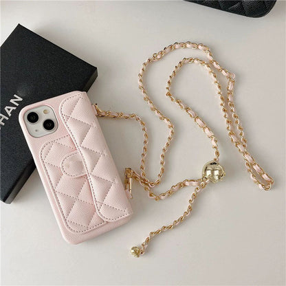 Luxury Quilted Leather Wallet Phone Case with Crossbody Chain & Card Holder for iPhone 16 15 14 13 Pro Max