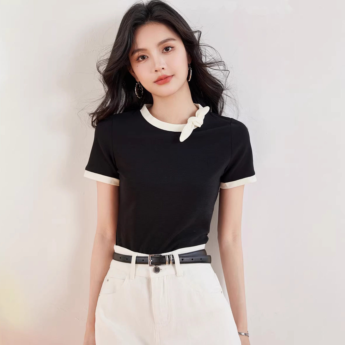 Chic Black Cotton T-Shirt for Women - Short Sleeve Summer Top with Bow Detail