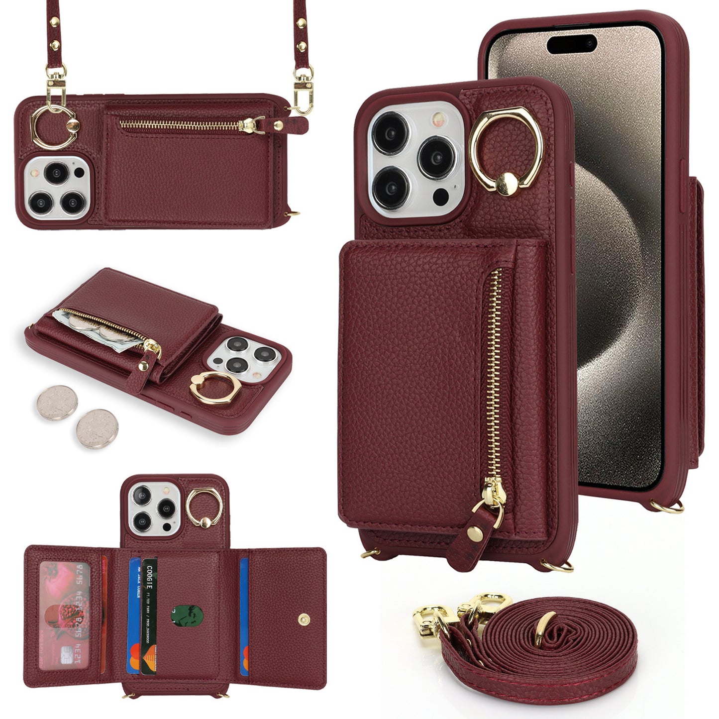 Multifunctional Zipper Coin Purse Phone Case - Crossbody Wallet Case with Card Slots for iPhone