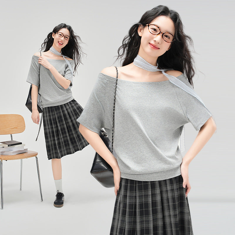 Elegant Loose Fit Off-the-Shoulder Top with Neck Strap for Women