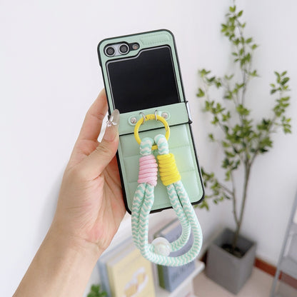 Korean Style Quilted Leather Case with Braided Hand Strap for Samsung Galaxy Z Flip 6 5 4 3 - Stylish Foldable Cover