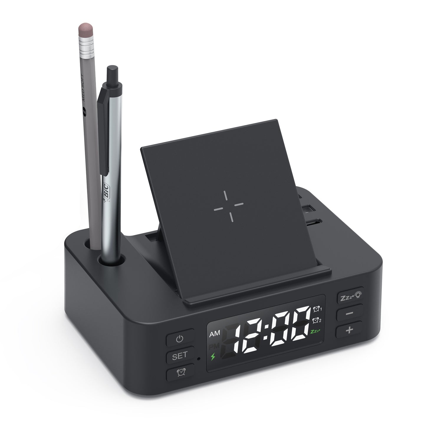 Multifunctional 15W Fast Wireless Charging Desk Organizer - Pen Holder & Digital Alarm Clock Phone Stand