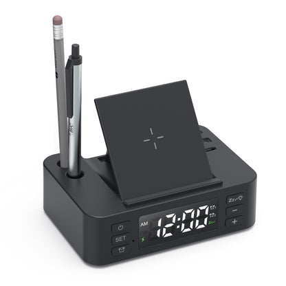 Multifunctional 15W Fast Wireless Charging Desk Organizer - Pen Holder & Digital Alarm Clock Phone Stand