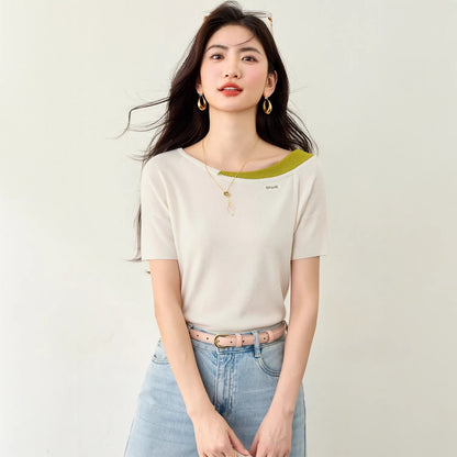 Chic Color-Blocking Knit Short Sleeve Top - Elegant Letter Embroidery Tee