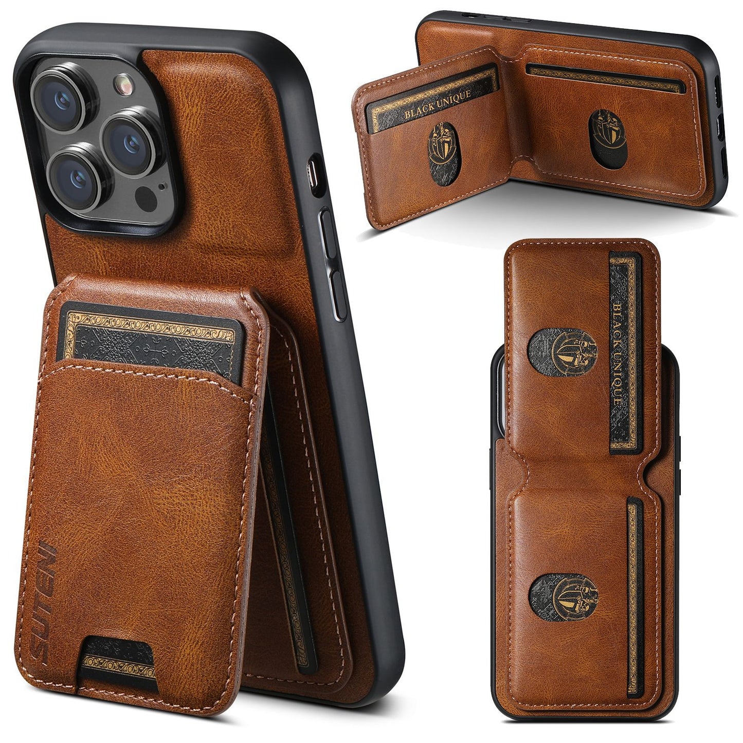 Multi-Slot Leather Bifold Wallet Phone Case for iPhone 16 Plus 15 14 Pro Max - Detachable Card Holder Cover