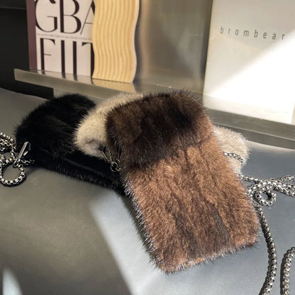 Luxury Real Mink Fur Crossbody Phone Bag for Women - Plush Winter Shoulder Messenger Pouch