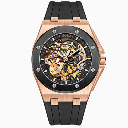 Fashionable Rose Gold Men's Watch - Premium Mechanical Timepiece with Silicone Strap