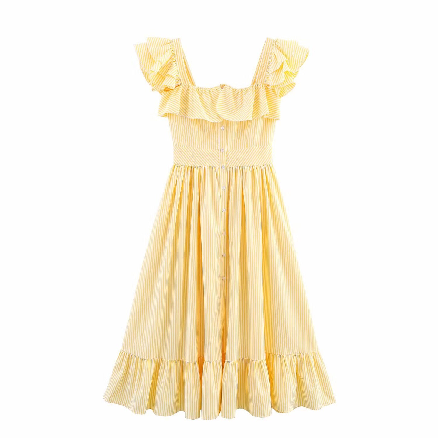 Single Breasted Striped Midi Dress - Ruffle Edge Waist Cinched Dress