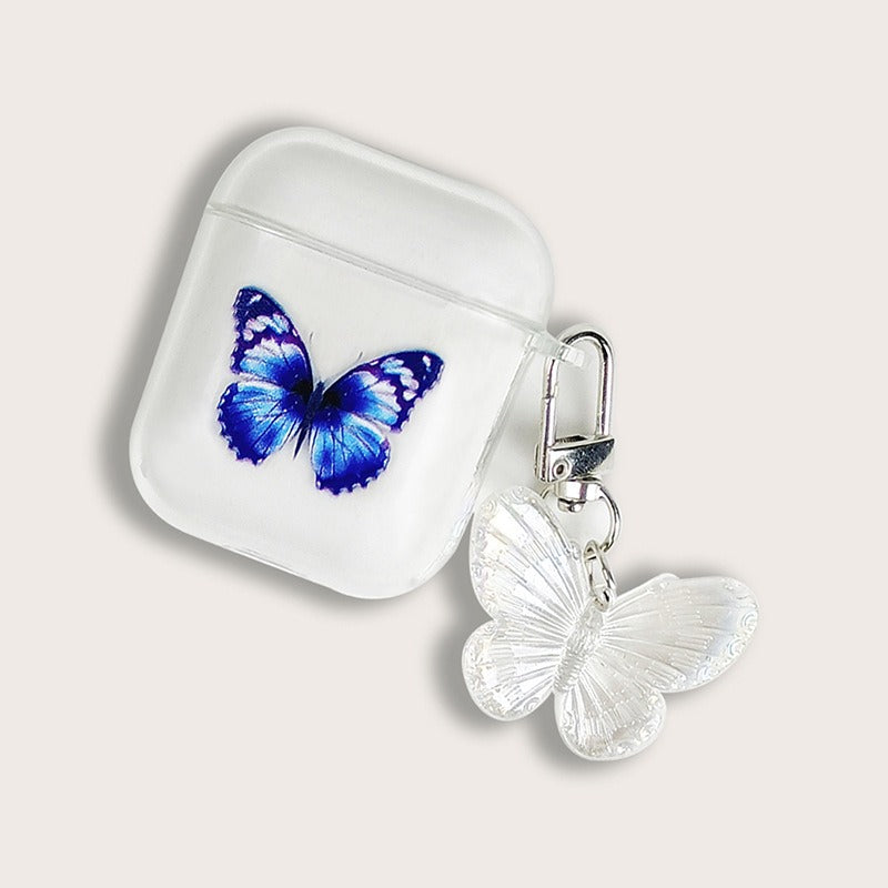 Painted Blue Butterfly Transparent Soft Case with Keychain Pendant for AirPods 1 / 2 / Pro / 3
