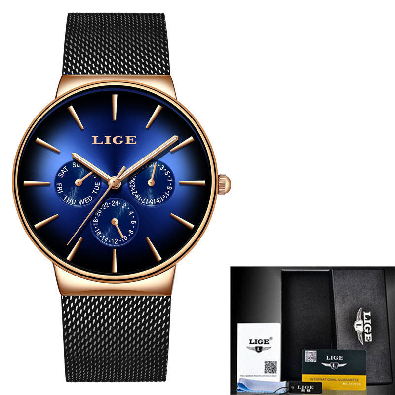 LIGE Men's Luxury Quartz Watch - Slim Mesh Strap Waterproof Business Wristwatch